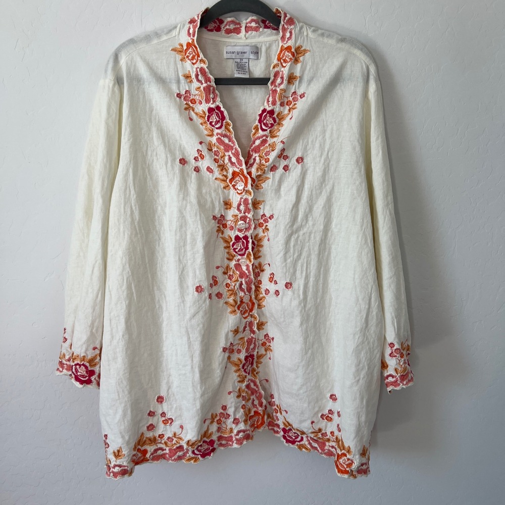 Susan Graver Button Front Top Women 3X White Floral Embroidered Linen Blend
